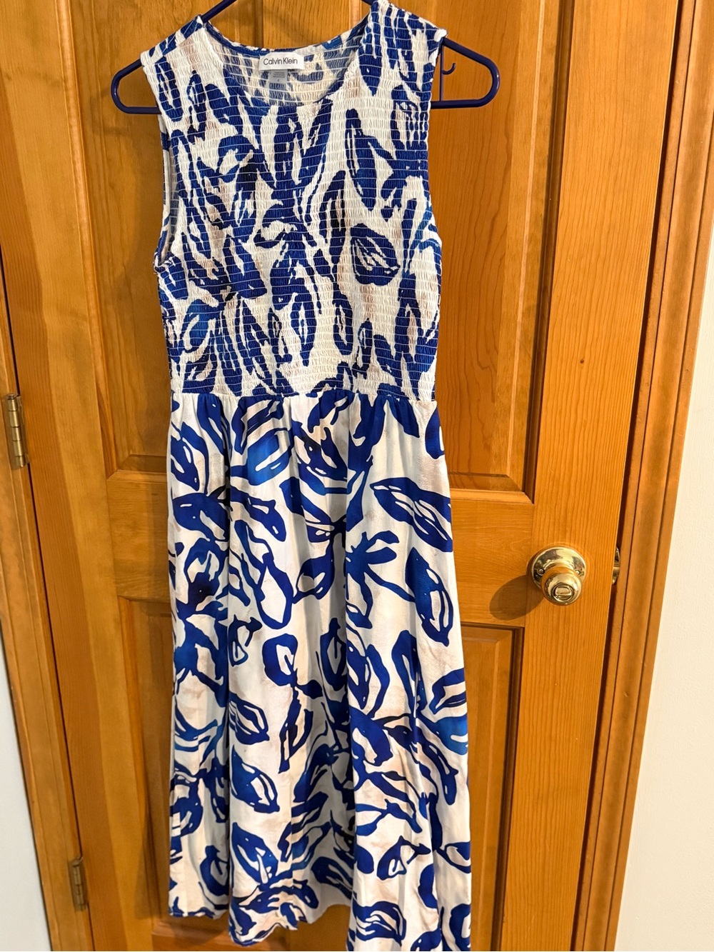 Calvin Klein White and Blue Printed Midi Dress